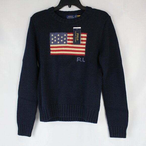 Polo Ralph Lauren Flag Cotton Crewneck Sweater in Navy Size Medium - NWT - Picture 1 of 8
